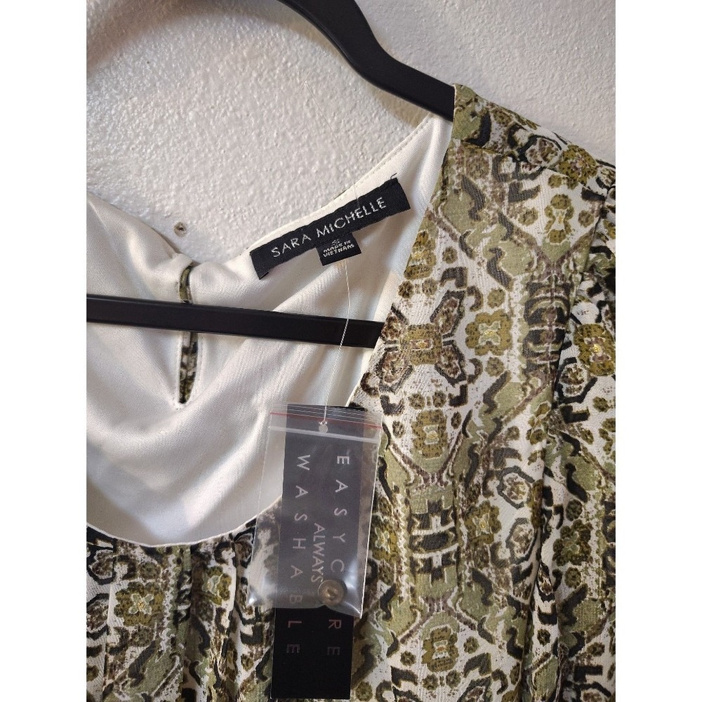 Sara Michelle Green Medallion Tile Print Blouse Tie Cuff 3/4 Sleeve Top NWT XL - Picture 2 of 3